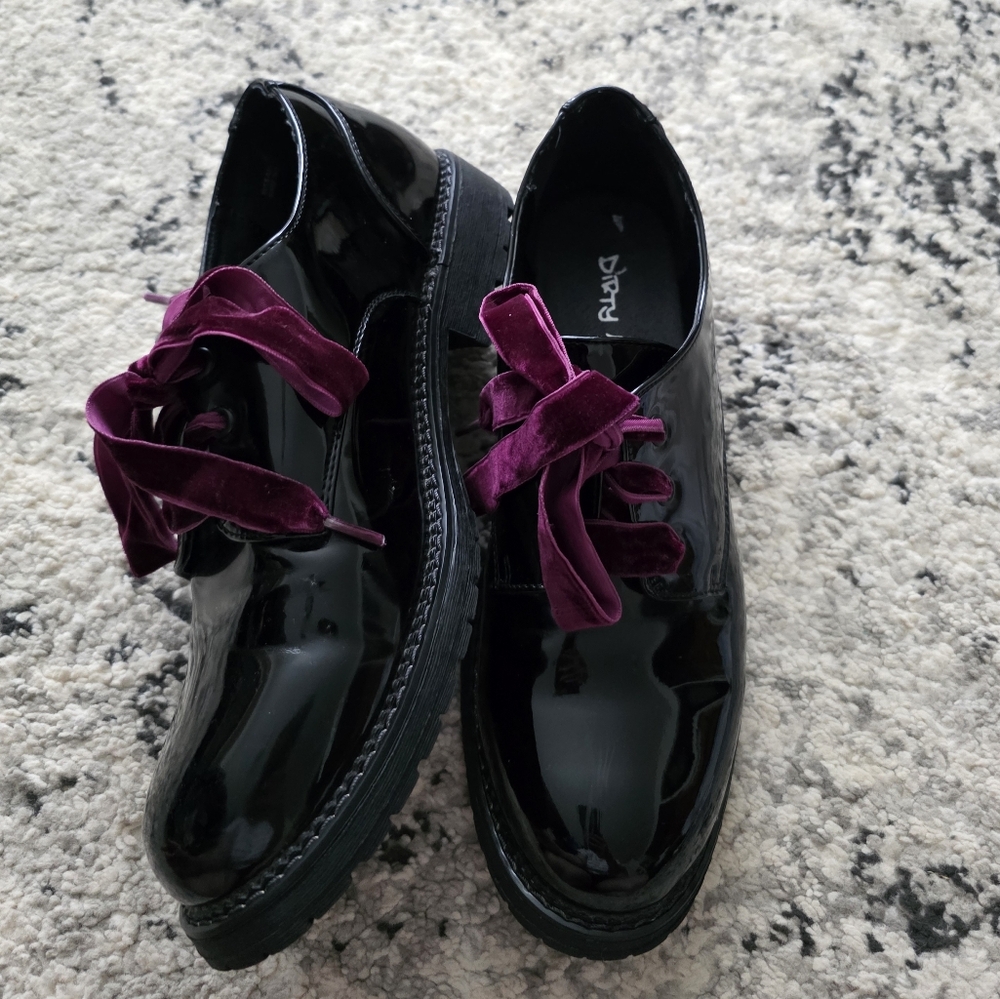 WhimsyGoth Patent Faux Leather Oxfords Wmns 7.5 Black Maroon Purple Laces Grunge - Picture 1 of 4